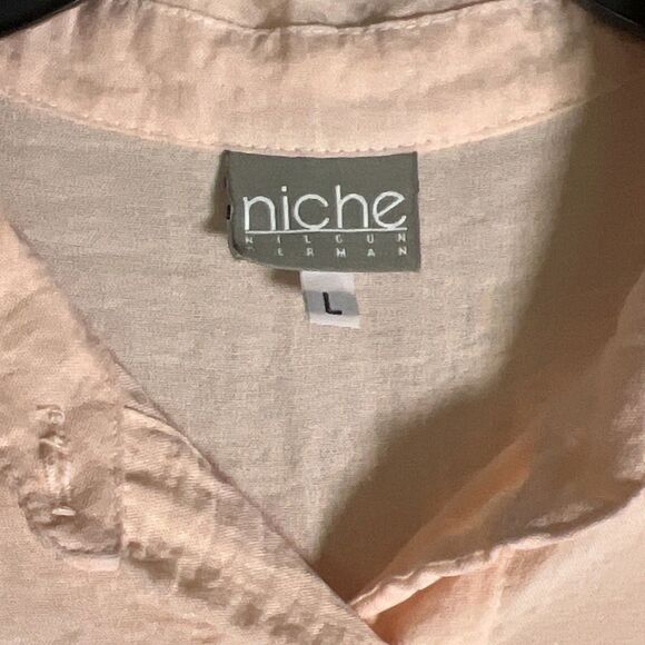 Niche Nilgun Derman Peach Colored Shirt Dress L Half Buttons Knee Length - Picture 2 of 8